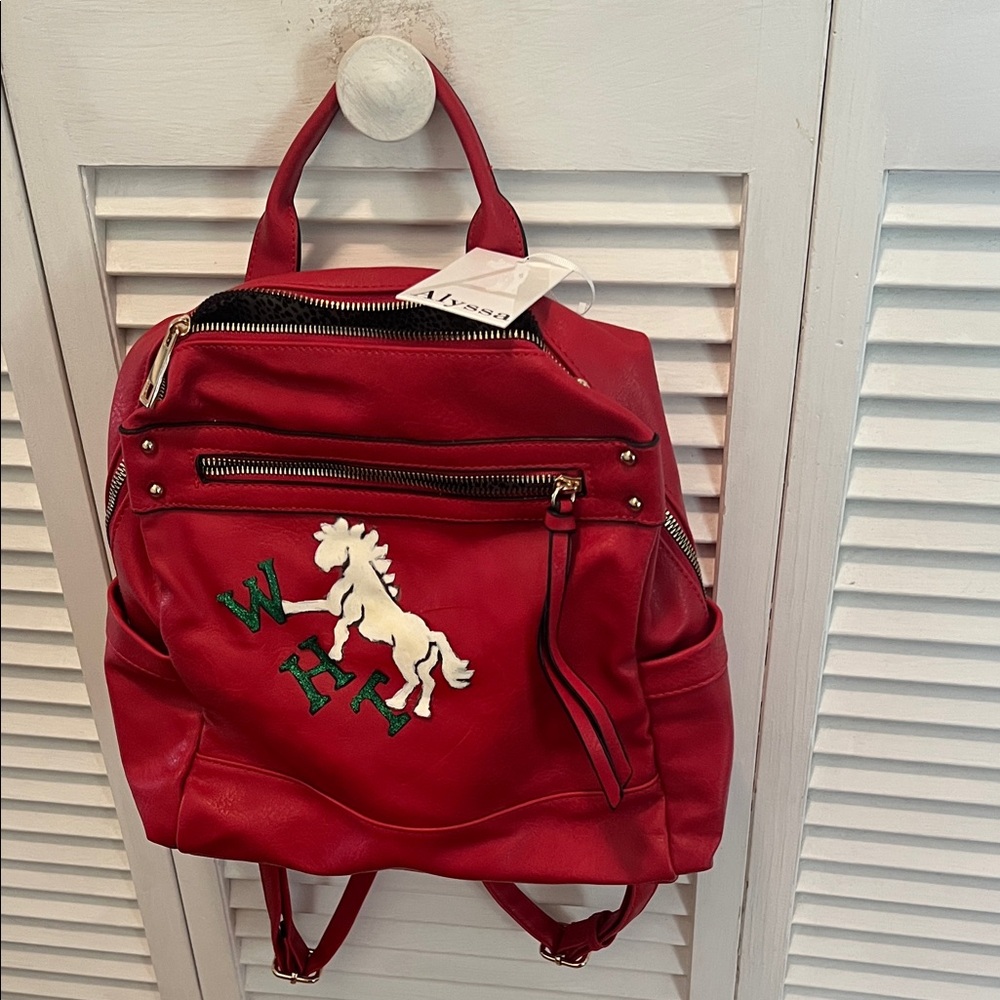 ( 0319) Red Backpack with Green Embroidered Design WHT Art